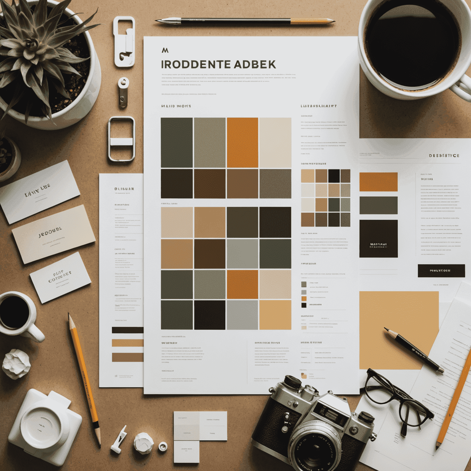 Moodboard de diseño web con muestras de color, tipografías y bocetos de diseño de interfaz