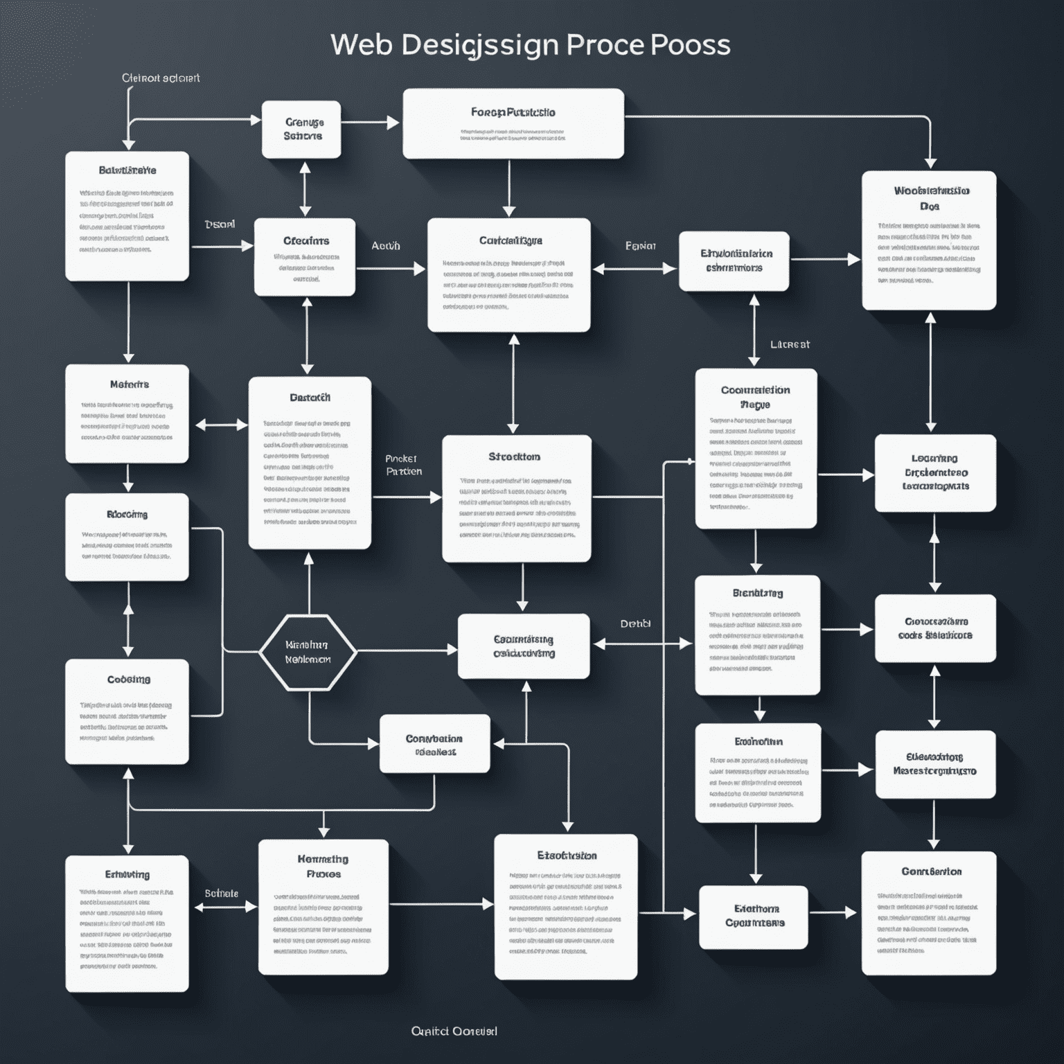 Imagen que muestra un diagrama de flujo del proceso de diseño web, desde la conceptualización hasta la codificación